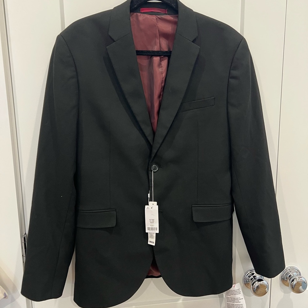 Topman Black Suit Jacket Skinny Fit 40R Maroon Lining NWT
